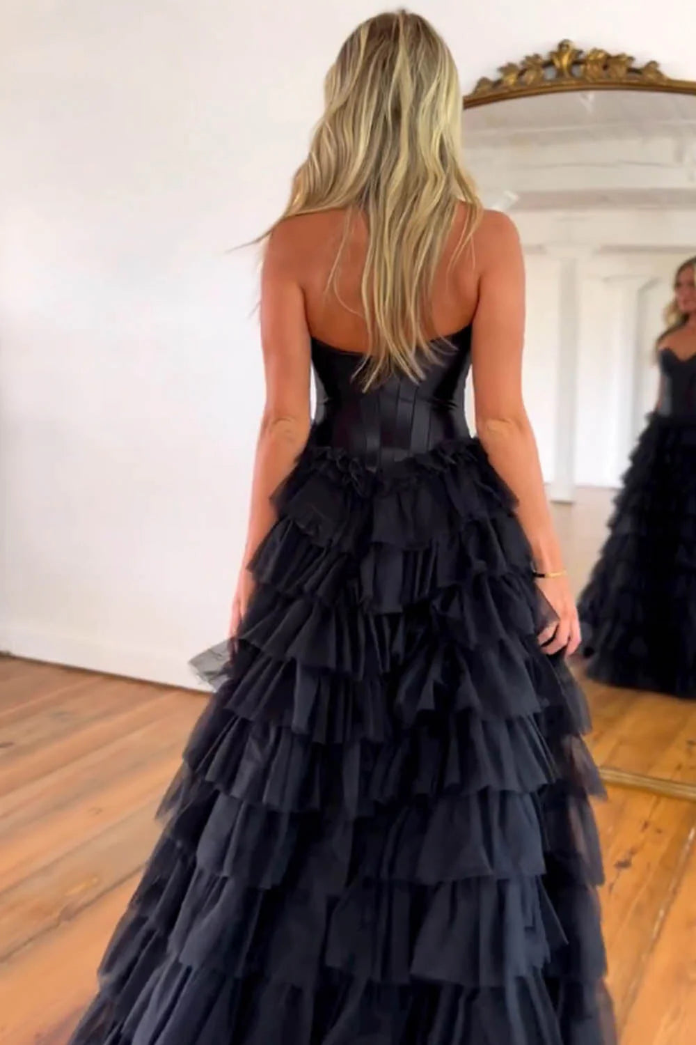 A-Line Sweetheart Long Ruffle Tulle Black Prom Dress With Split